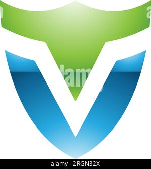 Green and Blue Glossy Shield Shaped Letter V Icon on a White Background Stock Vector