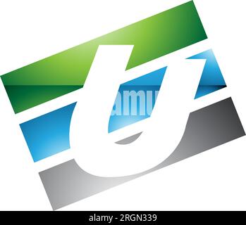 Green and Blue Glossy Rectangular Shaped Letter U Icon on a White Background Stock Vector