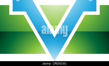 Green and Blue Glossy Rectangle Shaped Letter V Icon on a White Background Stock Vector