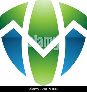 Green and Blue Glossy Shield Shaped Letter T Icon on a White Background Stock Vector
