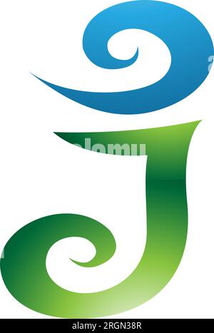 Green and Blue Glossy Swirl Shaped Letter J Icon on a White Background Stock Vector