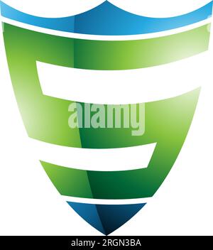 Green and Blue Glossy Shield Shaped Letter S Icon on a White Background Stock Vector
