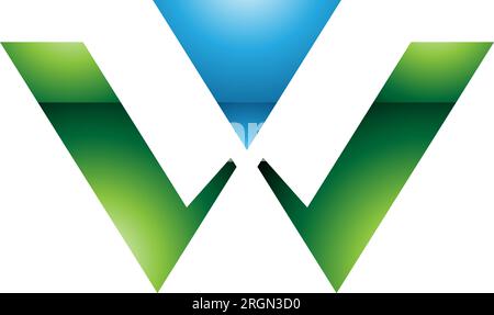 Green and Blue Glossy Triangle Shaped Letter W Icon on a White Background Stock Vector