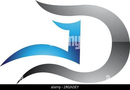 Grey and Blue Glossy Letter D Icon with Wavy Curves on a White Background Stock Vector