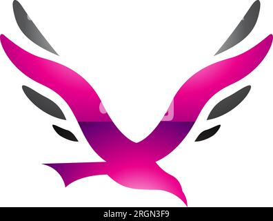 Magenta and Black Glossy Bird Shaped Letter V Icon on a White Background Stock Vector