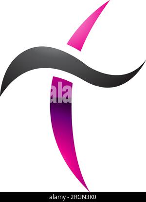 Magenta and Black Glossy Curvy Sword Shaped Letter T Icon on a White Background Stock Vector