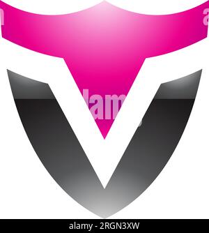 Magenta and Black Glossy Shield Shaped Letter V Icon on a White Background Stock Vector