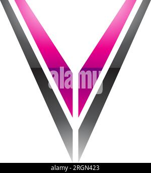 Magenta and Black Glossy Striped Shaped Letter V Icon on a White Background Stock Vector