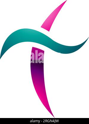 Magenta and Green Glossy Curvy Sword Shaped Letter T Icon on a White Background Stock Vector