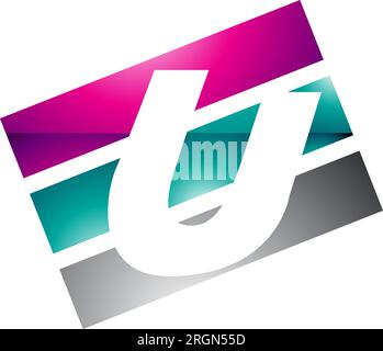 Magenta and Green Glossy Rectangular Shaped Letter U Icon on a White Background Stock Vector