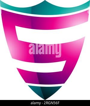 Magenta and Green Glossy Shield Shaped Letter S Icon on a White Background Stock Vector