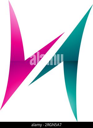 Magenta and Persian Green Glossy Arrow Shaped Letter H Icon on a White Background Stock Vector