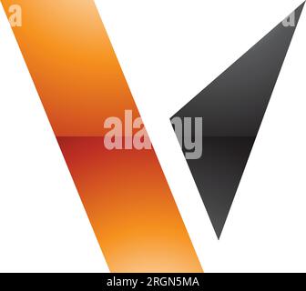 Orange and Black Glossy Geometrical Shaped Letter V Icon on a White Background Stock Vector