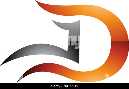 Orange and Black Glossy Letter D Icon with Wavy Curves on a White Background Stock Vector