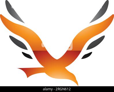 Orange and Black Glossy Bird Shaped Letter V Icon on a White Background Stock Vector
