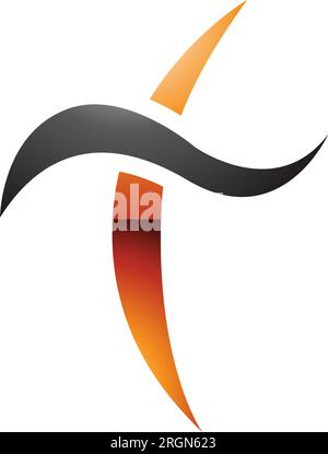 Orange and Black Glossy Curvy Sword Shaped Letter T Icon on a White Background Stock Vector
