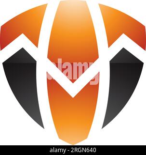 Orange and Black Glossy Shield Shaped Letter T Icon on a White Background Stock Vector
