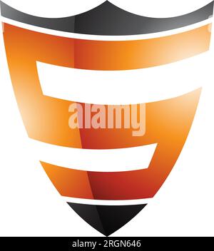 Orange and Black Glossy Shield Shaped Letter S Icon on a White Background Stock Vector