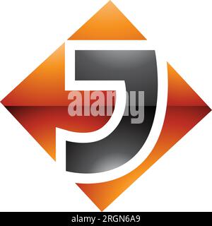 Orange and Black Glossy Square Diamond Shaped Letter J Icon on a White Background Stock Vector