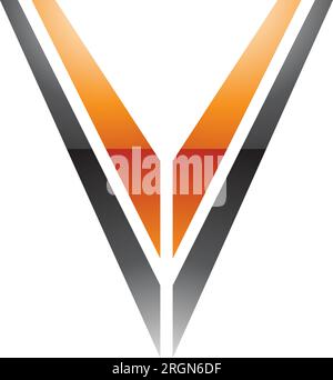 Orange and Black Glossy Striped Shaped Letter V Icon on a White Background Stock Vector
