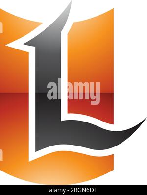 Orange and Black Glossy Shield Shaped Letter L Icon on a White Background Stock Vector