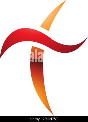 Orange and Red Glossy Curvy Sword Shaped Letter T Icon on a White Background Stock Vector