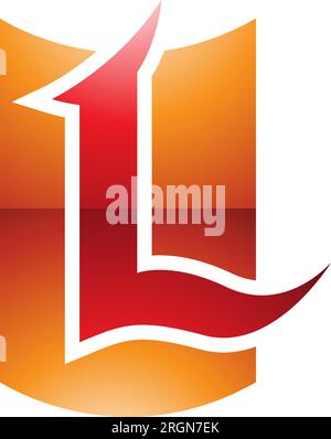 Orange and Red Glossy Shield Shaped Letter L Icon on a White Background Stock Vector