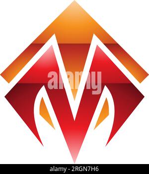 Orange and Red Glossy Square Diamond Shaped Letter M Icon on a White Background Stock Vector