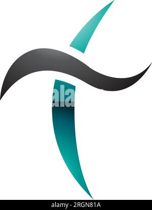 Persian Green and Black Glossy Curvy Sword Shaped Letter T Icon on a White Background Stock Vector