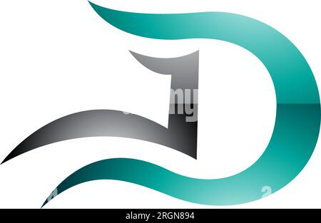 Persian Green and Black Glossy Letter D Icon with Wavy Curves on a White Background Stock Vector