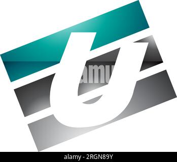 Persian Green and Black Glossy Rectangular Shaped Letter U Icon on a White Background Stock Vector