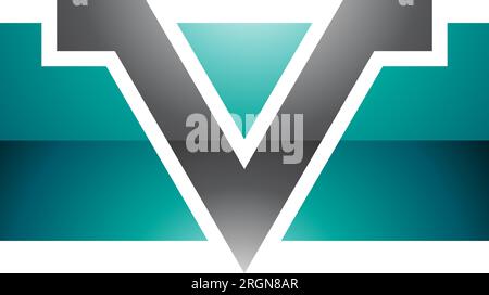 Persian Green and Black Glossy Rectangle Shaped Letter V Icon on a White Background Stock Vector