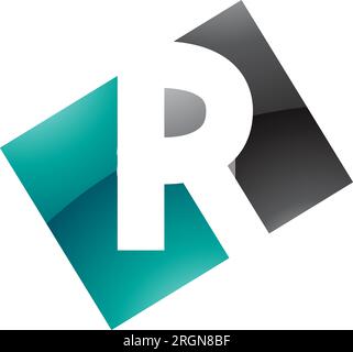 Persian Green and Black Glossy Rectangle Shaped Letter R Icon on a White Background Stock Vector