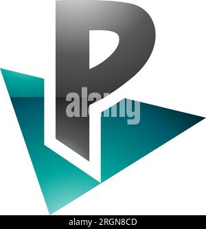 Persian Green and Black Glossy Letter P Icon with a Triangle on a White Background Stock Vector