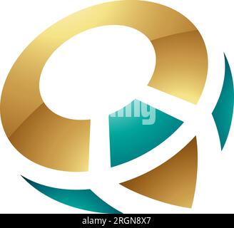 Persian Green and Gold Glossy Compass Shaped Letter Q Icon on a White Background Stock Vector