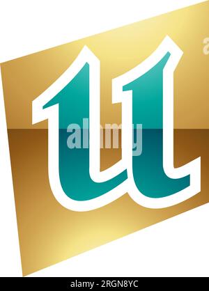 Persian Green and Gold Glossy Distorted Square Shaped Letter U Icon on a White Background Stock Vector