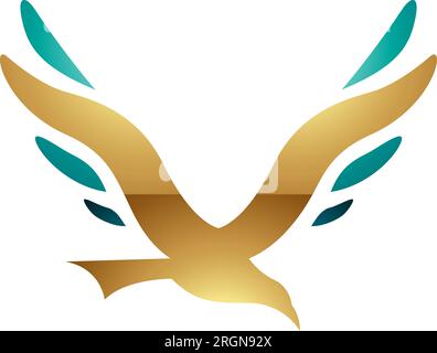Persian Green and Gold Glossy Bird Shaped Letter V Icon on a White Background Stock Vector