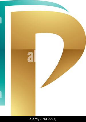 Persian Green and Gold Glossy Layered Letter P Icon on a White Background Stock Vector
