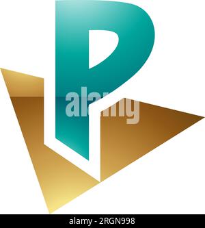 Persian Green and Gold Glossy Letter P Icon with a Triangle on a White Background Stock Vector