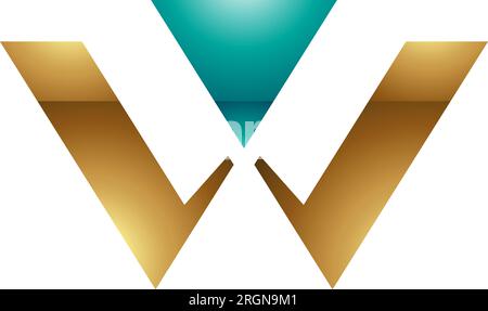 Persian Green and Gold Glossy Triangle Shaped Letter W Icon on a White Background Stock Vector