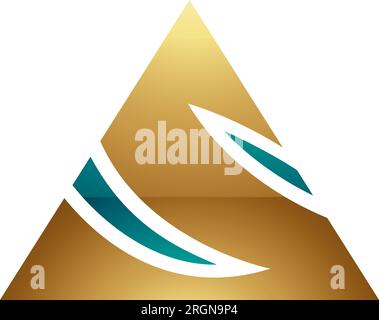 Persian Green and Gold Glossy Triangle Shaped Letter S Icon on a White Background Stock Vector