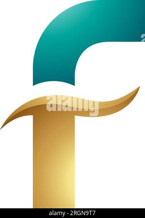 Persian Green and Golden Glossy Letter F Icon with Spiky Waves on a White Background Stock Vector