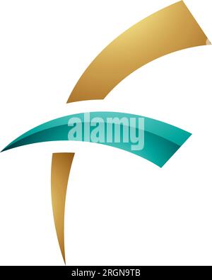 Persian Green and Golden Glossy Letter F Icon with Round Spiky Lines on a White Background Stock Vector