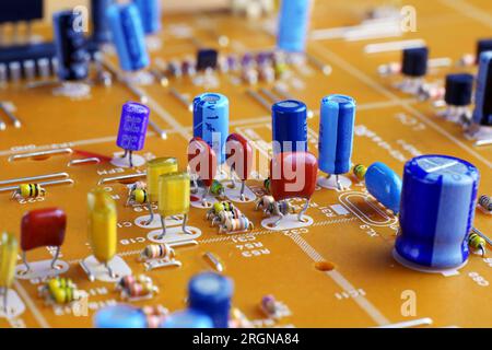 circuit board with various radio parts mounted on it Stock Photo