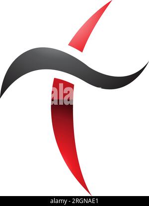 Red and Black Glossy Curvy Sword Shaped Letter T Icon on a White Background Stock Vector