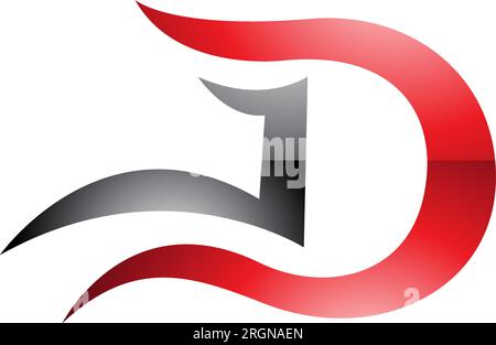 Red and Black Glossy Letter D Icon with Wavy Curves on a White Background Stock Vector
