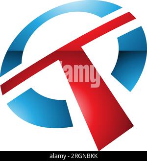 Red and Blue Glossy Round Shaped Letter T Icon on a White Background Stock Vector