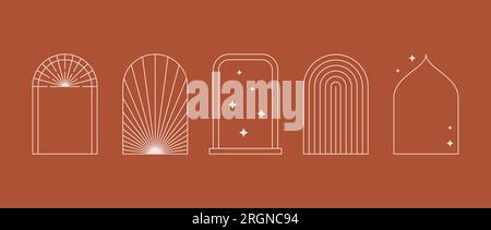 Boho style linear arch frame collection. Bohemian decorative ornamental border set for badge, logo, card, poster, banner, template. Terracotta arc design elements with stars and sunbeams. Vector pack Stock Vector