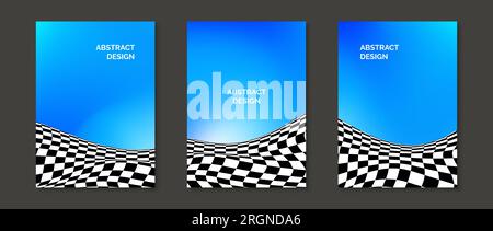 Abstract gradients with checkered liquid surfaces. Distorted black and white pattern on blue green backgrounds. Bright design templates for poster, banner, brochure, flyer, cover. Vector set Stock Vector