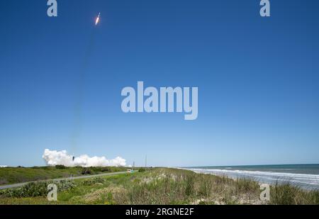 Reportage: Axiom Mission 1 (April 2022) - A SpaceX Falcon 9 rocket carrying the company's Crew Dragon spacecraft is launched on Axiom Mission 1 (Ax-1) to the International Space Station, Friday, April 8, 2022, at NASA’s Kennedy Space Center in Florida. Stock Photo